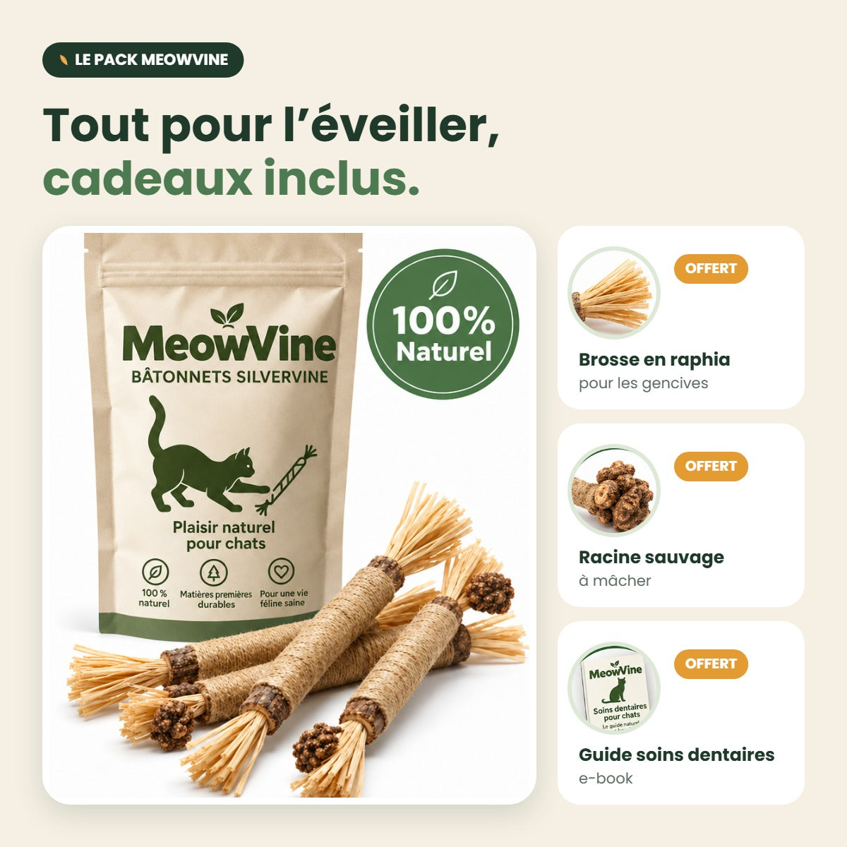 Pack MeowVine : bâtonnets silvervine et 3 cadeaux offerts