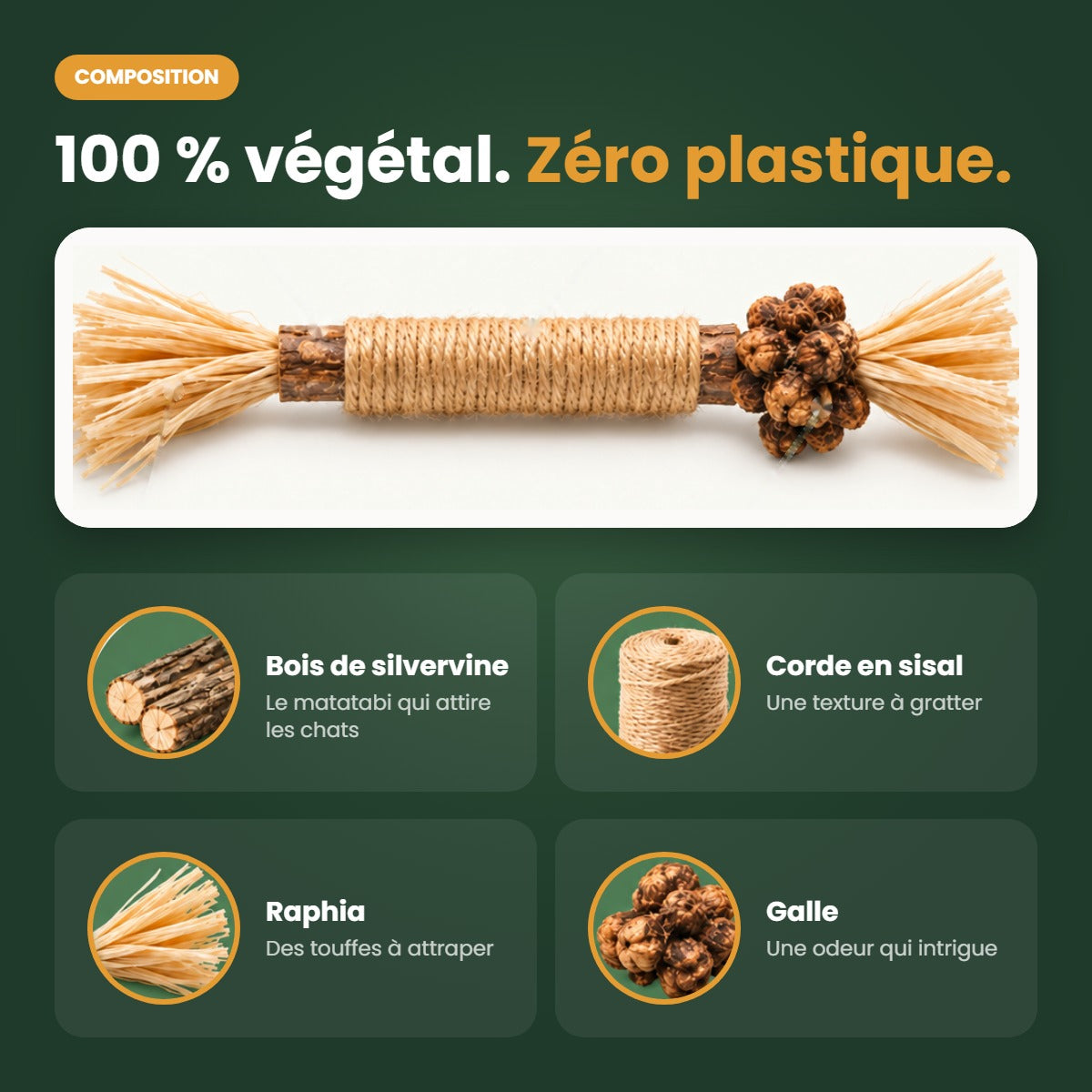 Composition 100 % végétale du bâtonnet MeowVine