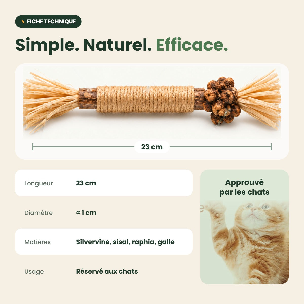 Fiche technique : bâtonnet silvervine 23 cm, réservé aux chats